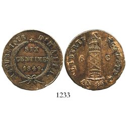 Haiti, copper 6 centimes, 1849 // AN46, local issue, rare grade. KM-32. 13.7 grams. Bold AXF with ty