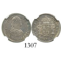 Mexico City, Mexico, bust 1/2 real, Charles IV, 1801FT, encapsulated NGC MS-63. KM-72; CT-1296