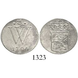 Dutch West Indies, 2 stuivers, 1794. KM-1. 1.6 grams. Semi-lustrous AU, lightly toned, no problems,