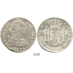 Lima, Peru, bust 8 reales, Charles III, 1774MJ. KM-78; CT-855. 26.9 grams. Lustrous XF+, off-center