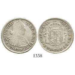 Lima, Peru, bust 2 reales, Charles IV, 1792/9IJ, large bust, rare. KM-unlisted; CT-unlisted. 6.5 gra