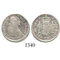 Lima, Peru, bust 1 real, Charles IV, 1796IJ. KM-94; CT-1102. 3.3 grams. Lustrous XF+, very off-cente