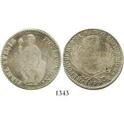 Pasco, Peru, 4 reales, 1844M. KM-151.5. 13.1 grams. AVF with very weak centers, lightly toned, scarc