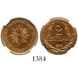 Uruguay (struck in Santiago, Chile), copper 2 centesimos, 1949-So, encapsulated NGC MS 65 RB. KM-20a