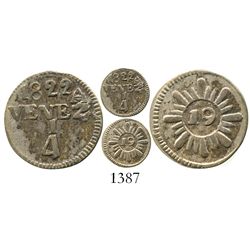 Venezuela (under Gran Colombia), 1/4 real, 1822, rare. KM-C31. 0.4 gram. Rainbow-toned VF+, slightly