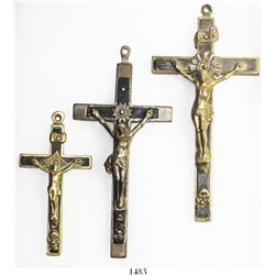 Lot of 3 brass/ebony crucifixes, European (French?), early 1800s, in Riker box.  59, 54 and 19 grams