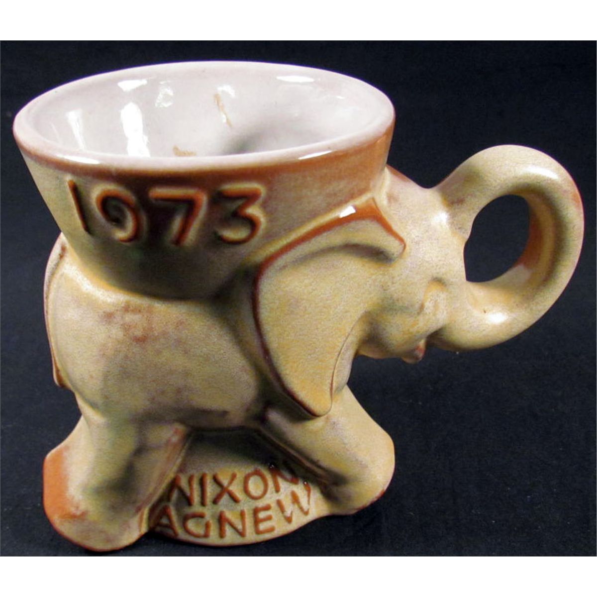 1973 NIXONAGNEW FIGURAL ELEPHANT MUG FRANKOMA POTTERY