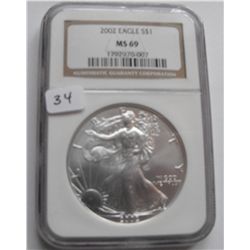 $1 SILVER AMERICAN EAGLE .999 OUNCE NGC MS 69