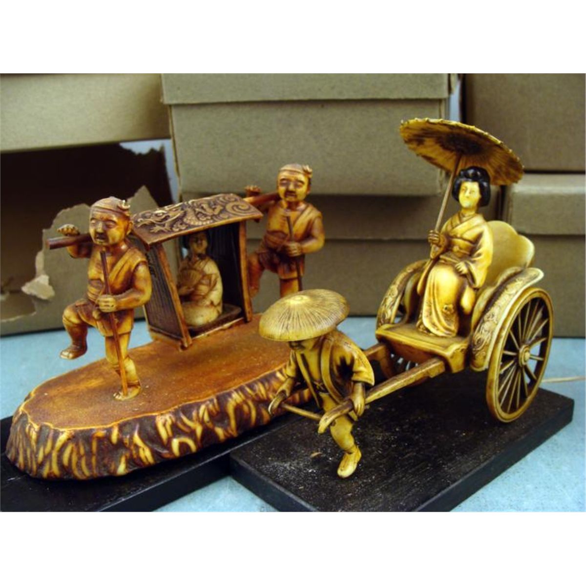 Japanese Vintage Celluloid Figurines Carts In Boxes