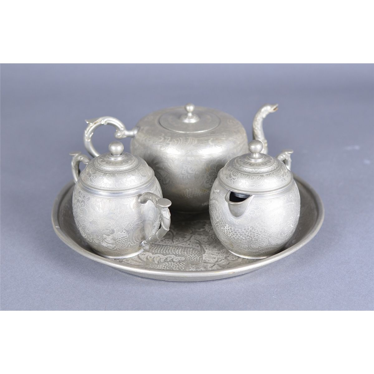 4 PCs Chinese Pewter Tea Set Huikee Pewter Swatow