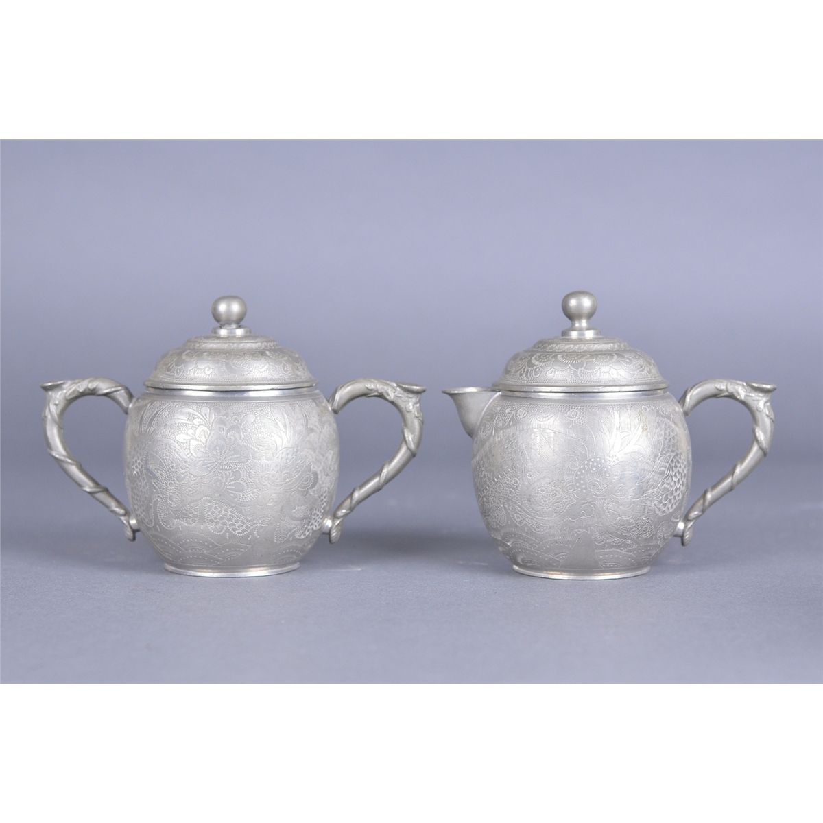4 PCs Chinese Pewter Tea Set Huikee Pewter Swatow