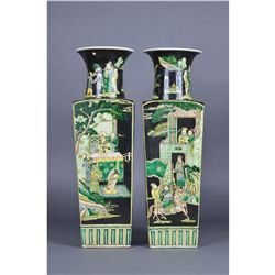 Pair Chinese Famille Verte Square Vases Kangxi
