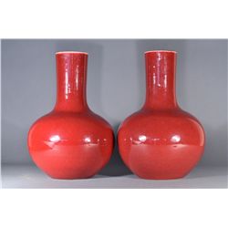 Pair Chinese Sacrificial Red Glazed Vases Qianlong