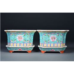 Pair Chinese Small Planter Set w/ Bases Qianlong