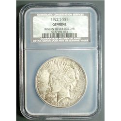 1922-S BINION PEACE DOLLAR, NGC GENUINE, GRADES XF