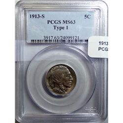 1913S  T1 Buffalo nickel  PCGS63