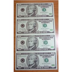 Uncut sheet of 4 2003 $10 FRN  STAR NOTES  RARE