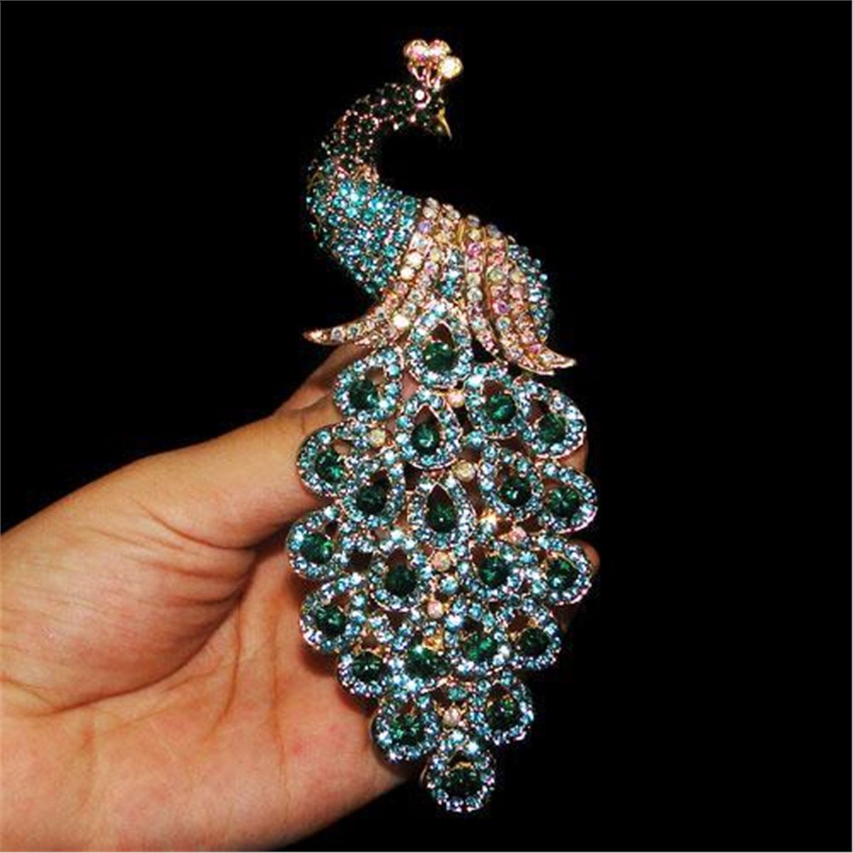 Knockout 5 inch Swarovski Crystal Peacock Brooch