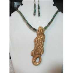 HANDCARVED ONE-OF-A-KIND BONE GECKO PENDANT AND TURQU