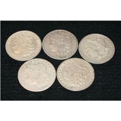 1881, 1882, 1882-S, 1889, 1921-S Silver Morgan one dollar, lot of 5