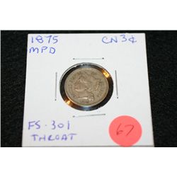 1875 Three cent piece, FS-301 throat