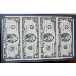 Uncut sheet of $2 bills, #F99924523A, #F99949523A, #F99974523A, #F99999523A