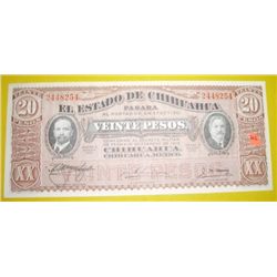 1915 20 Veinte Pesos Mexican Revolution note Series K *EXTREMELY RARE UNC GRADE* Serial # 2448254!!