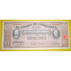 1915 20 Veinte Pesos Mexican Revolution note Series K *EXTREMELY RARE UNC GRADE* Serial # 2448343!!