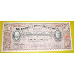 1915 20 Veinte Pesos Mexican Revolution note Series K *EXTREMELY RARE UNC GRADE* Serial # 2448318!!