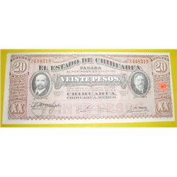 1915 20 Veinte Pesos Mexican Revolution note Series K *EXTREMELY RARE UNC GRADE* Serial # 2448319!!