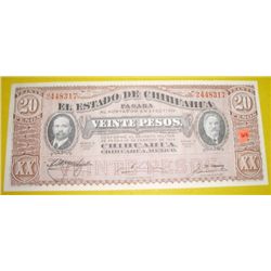 1915 20 Veinte Pesos Mexican Revolution note Series K *EXTREMELY RARE UNC GRADE* Serial # 2448317!!
