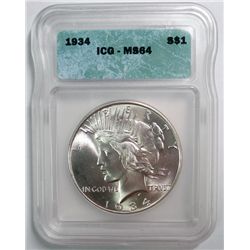1934 PEACE DOLLAR ICG MS64 BLAST WHITE!