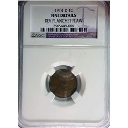 1914-D LINCOLN WHEAT CENT NGC FINE DETAILS, REV PLANCHET ERROR!