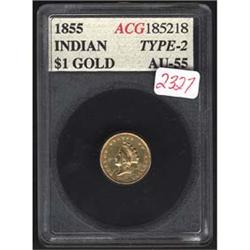 1855 T2 Gold Dollar AU50