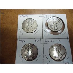 4 ASSORTED WALKING LIBERTY HALF DOLLARS