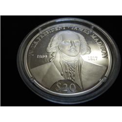 2000 LIBERIA SILVER $20 PROOF PRESIDENT MADISON
