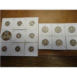 10 MERCURY DIMES, 1 BARBER DIME & 6 SLQ'S