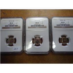 1971-D,73-D & 78-S MERCURY DIMES NGC MS64 3 COINS