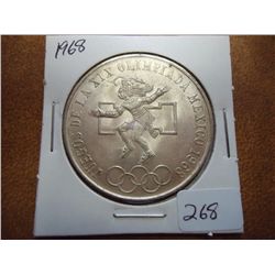 1968 MEXICO SILVER 25 PESOS (OLYMPIC) .5208 OZ.AWS
