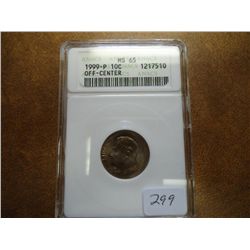 ERROR 1999-P OFF CENTER ROOSEVELT DIME ANACS MS65