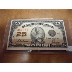 1923 CANADA 25 CENT FRACTIONAL NOTE