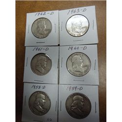 6 ASSORTED FRANKLIN HALF DOLLARS