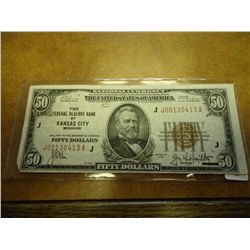 1929 $50 NATIONAL CURRENCY KANSAS CITY BROWN SEAL