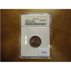 ERROR 1999-P BROADSTRUCK ROOSEVELT DIME ANACS MS63