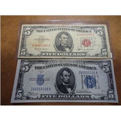 1934-A $5 SILVER CERTIFICATE & 1963 $5 US NOTE