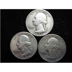 3 ASSORTED 1950'S WASHINGTON SILVER QUARTERS
