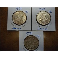 1940, 62 & 64 CANADA SILVER 50 CENTS (UNC)