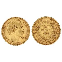20 Francos. - 1859-A. - PARIS. - AU. Napoleón III Emperador. (Pequeños golpecitos). KM-781.1. MBC. -
