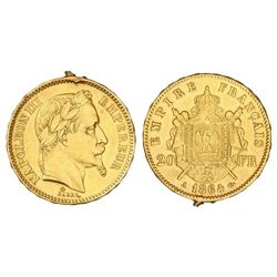 20 Francos. - 1864-A. - PARIS. - AU. Napoleón III Emperador. (Ha estado colgada. Restos de soldadura