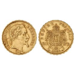 20 Francos. - 1868-A. - PARIS. - AU. Napoleón III Emperador. Laureado. (Rayas en anverso y pequeños